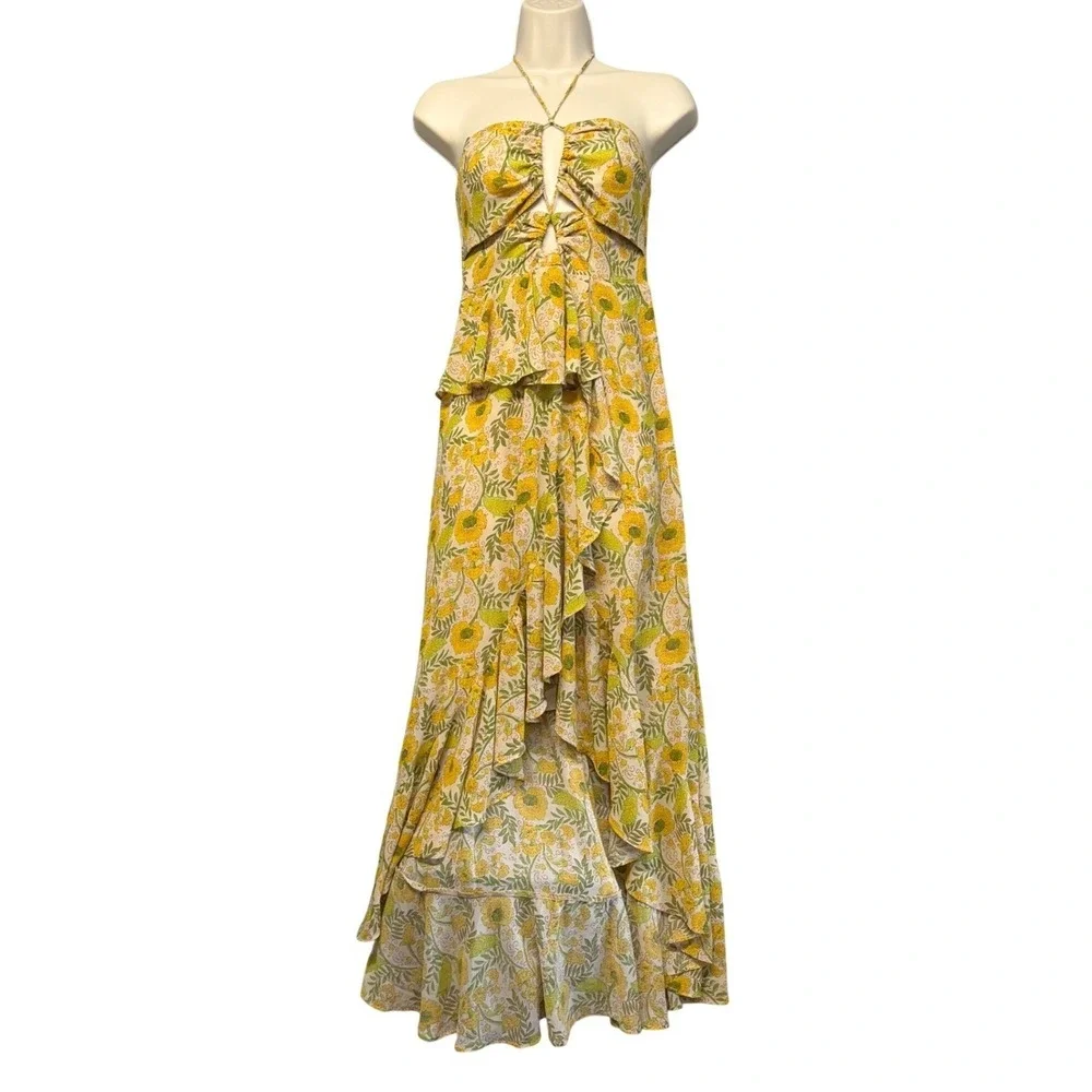 ASTR the Label Maxi Dress Womens XS Yellow Floral Halter Boho Tier Ruffle Flirty